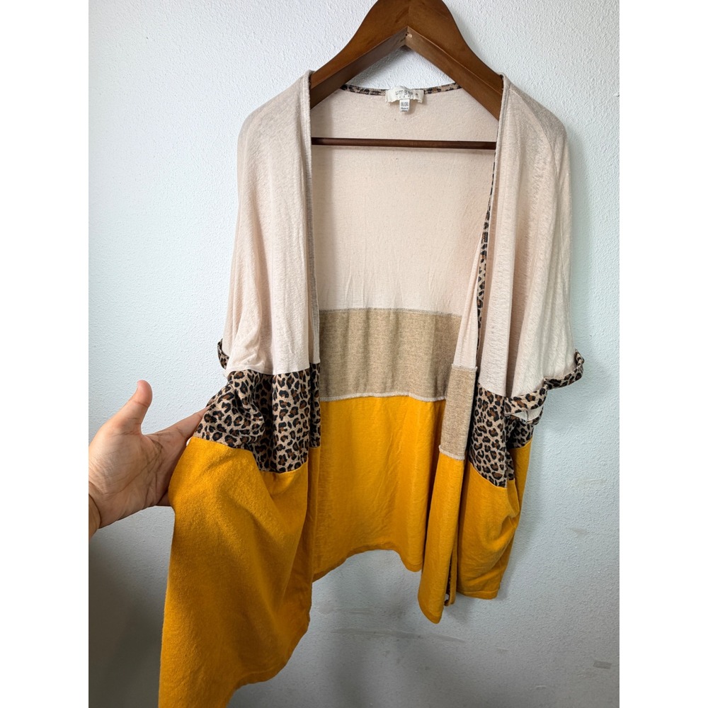 Umgee Women Cardigan Yellow Tan 1XL/2XL Colorblock Leopard Boho Print Pockets